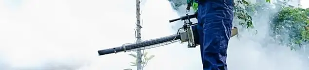 Pest control technician fogging an outdoor area for insect control in Long Beach, CA
