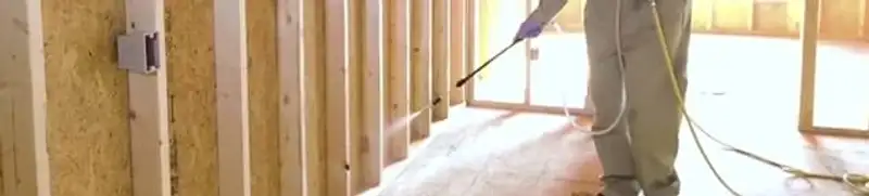 Termite treatment technician applying spray along framing and unfinished walls in Long Beach, CA