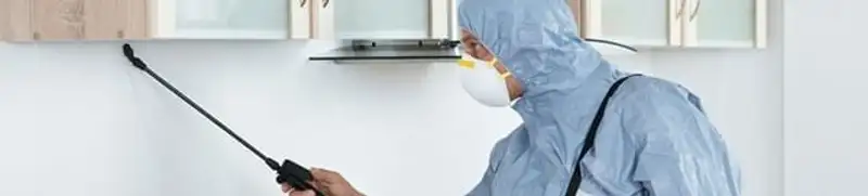 Termite treatment technician applying indoor pest control spray in Long Beach, CA